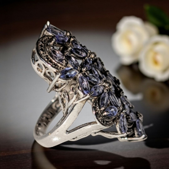 Ornate Tanzenite With Intricate Diamond Accents Sterling Silver Ring - Picture 5 of 11